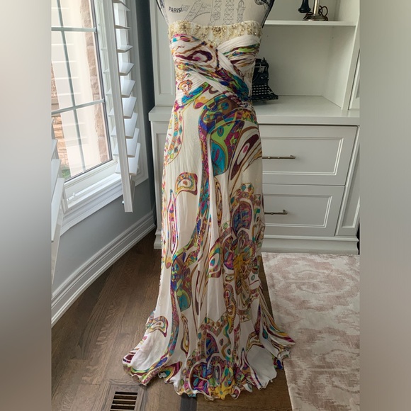 Vintage 90’S Y2K DIANE FREIS Silk Long Sparkle Bright Boho Strapless Gown Size 6 - Picture 12 of 16